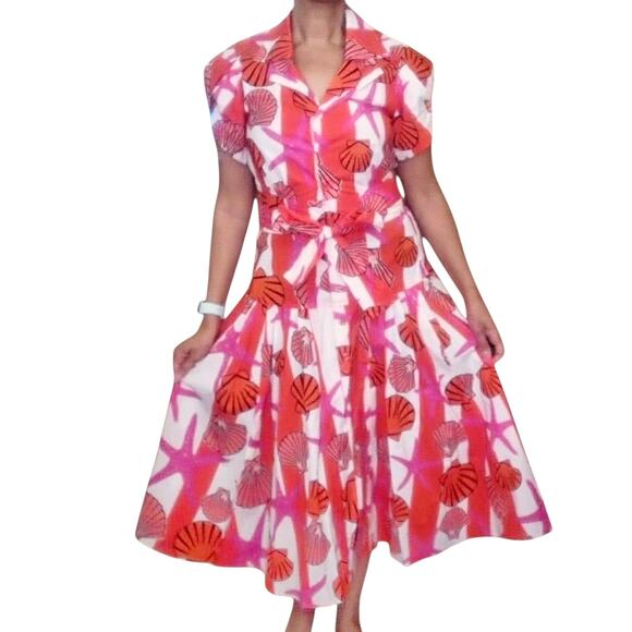 LHD Glades sea shell starfish striped cotton button up belted midi dress Size 8 - Picture 12 of 12